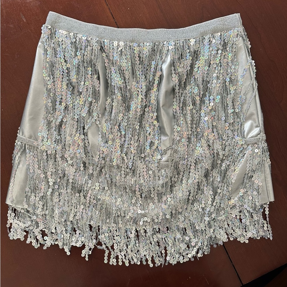 Silver Sequin Fringe Skirt